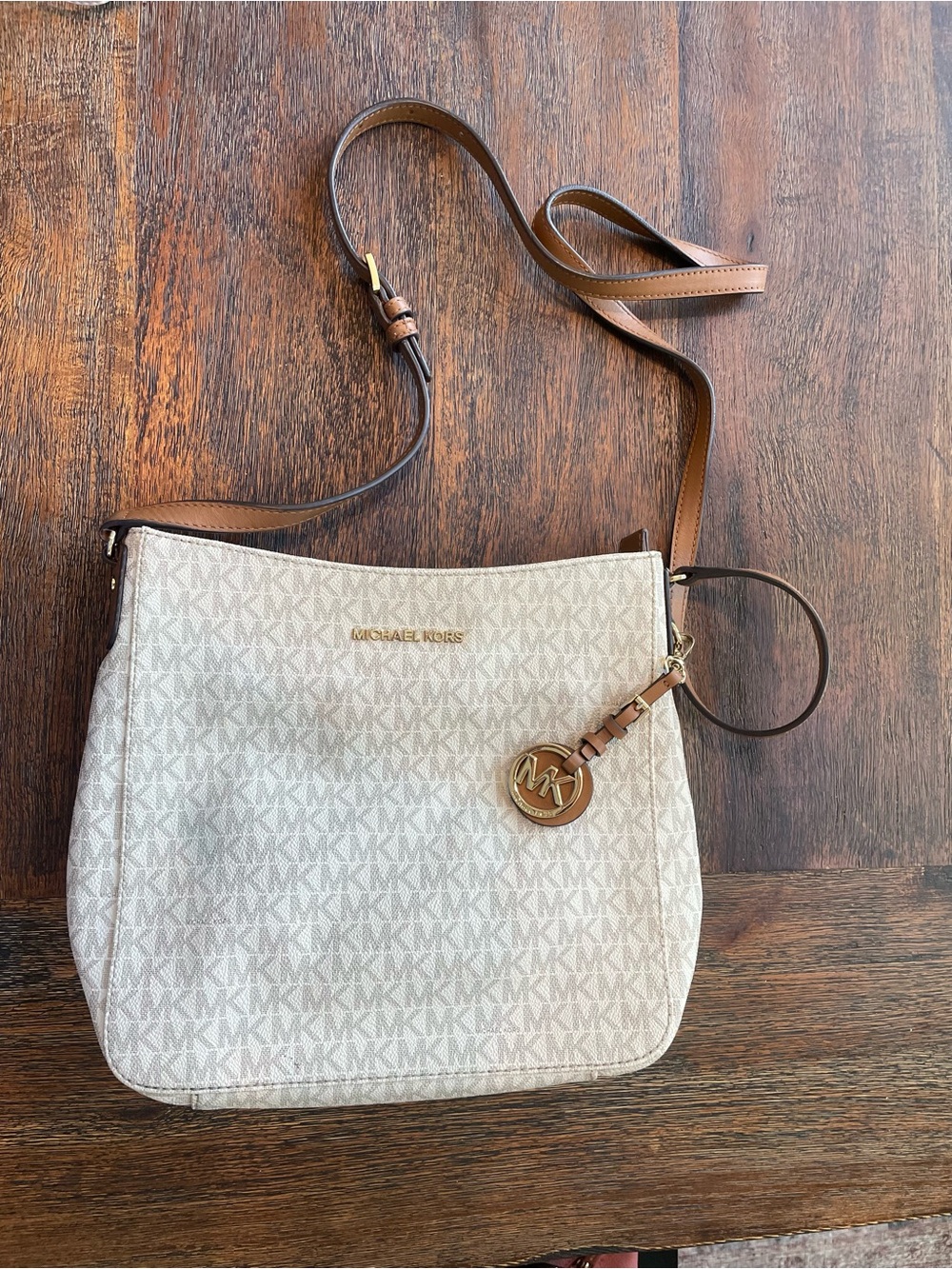 Michael Kors Cream Crossbody with Brown Trim and Gold Hardware